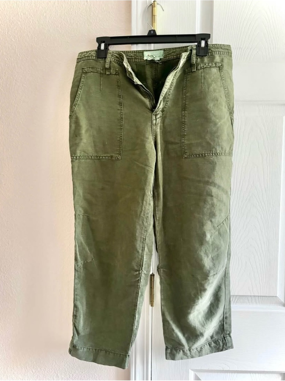 Anthropologie Linen Blend Cropped Pants Green Summer Vacation Cargo Size 27